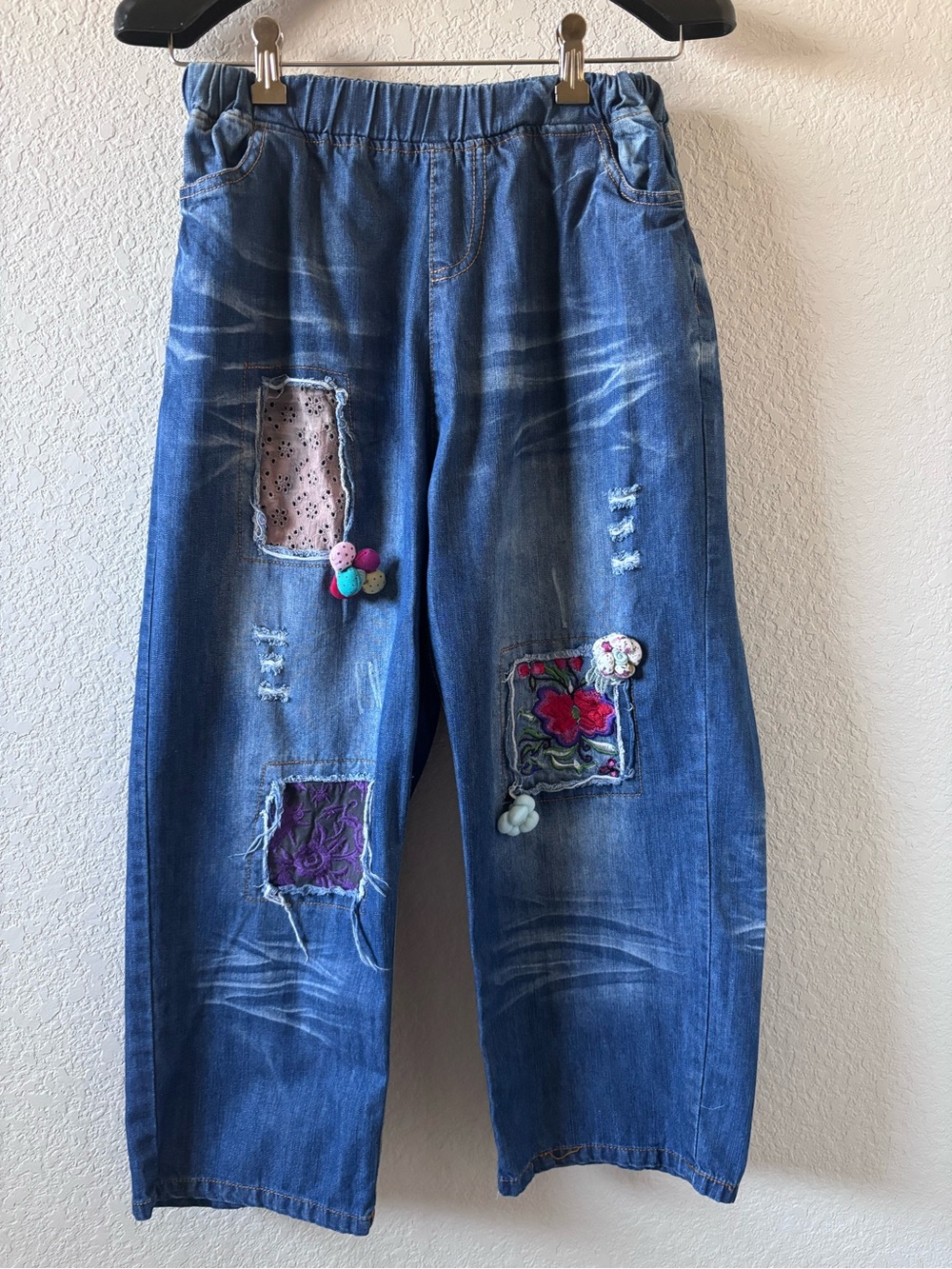 Urban Mangoz Patchwork Relaxed Crop Blue Jeans Small